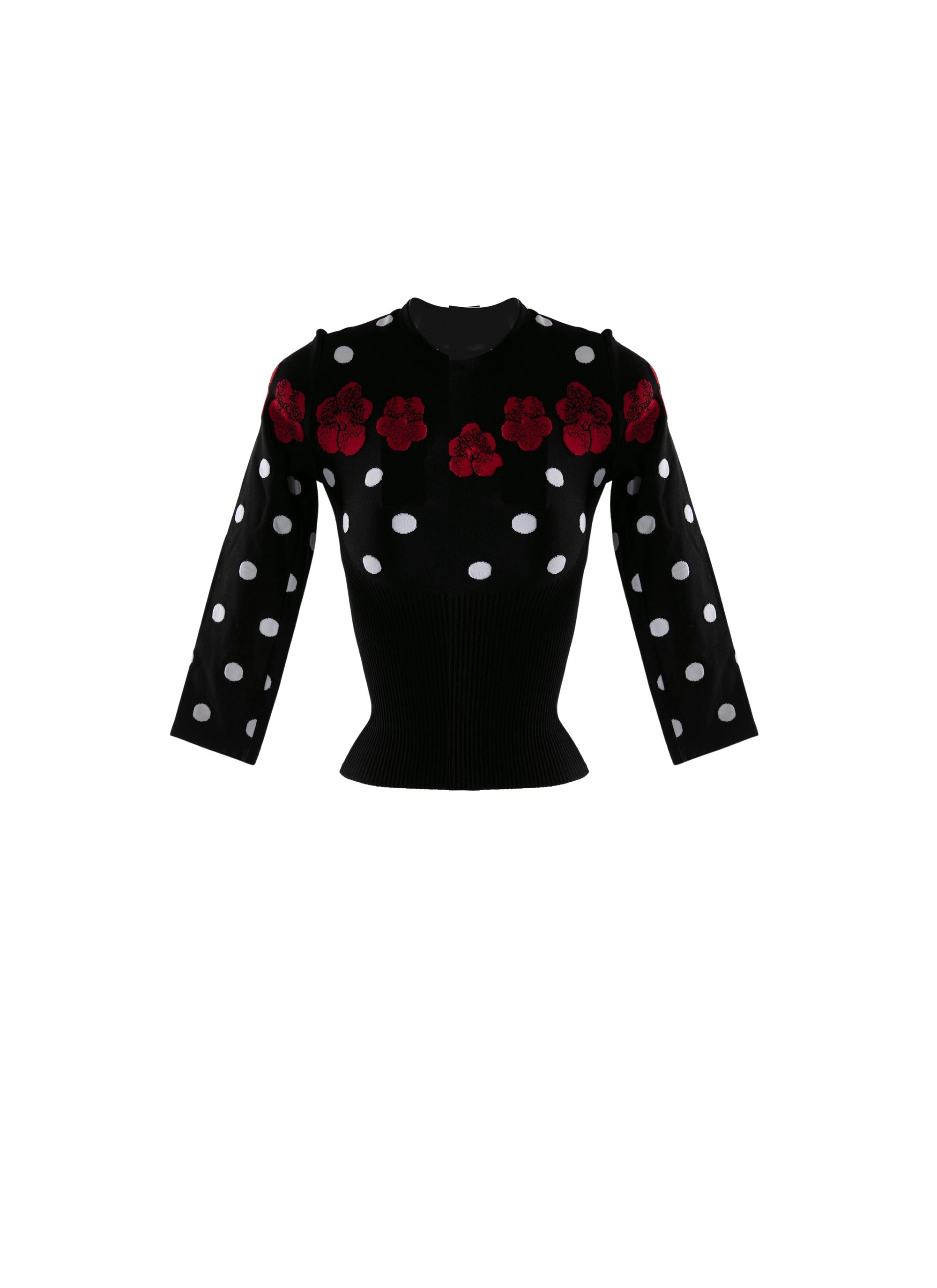 Pull à fleurs et pois à manches 3/4 - Noir, blanc & Rouge