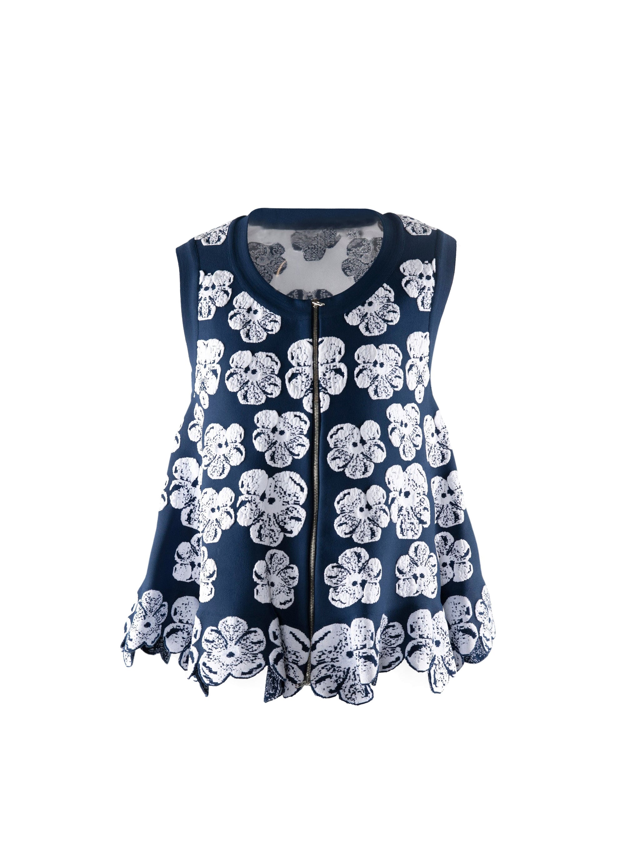 Sleeveless zip top with scalloped hem - Blue & White