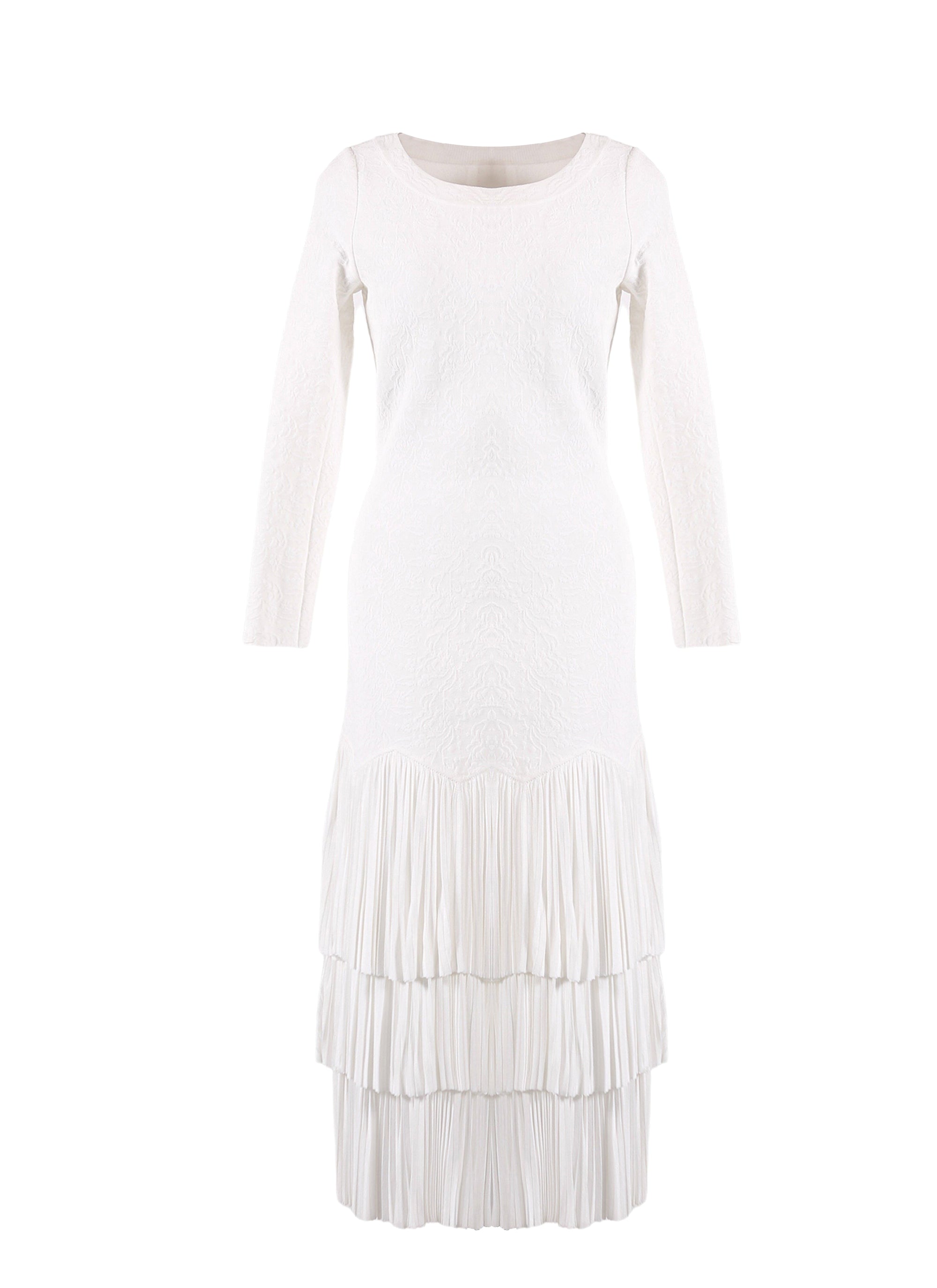 Robe à manches longues à volants en maille - Blanc Optique