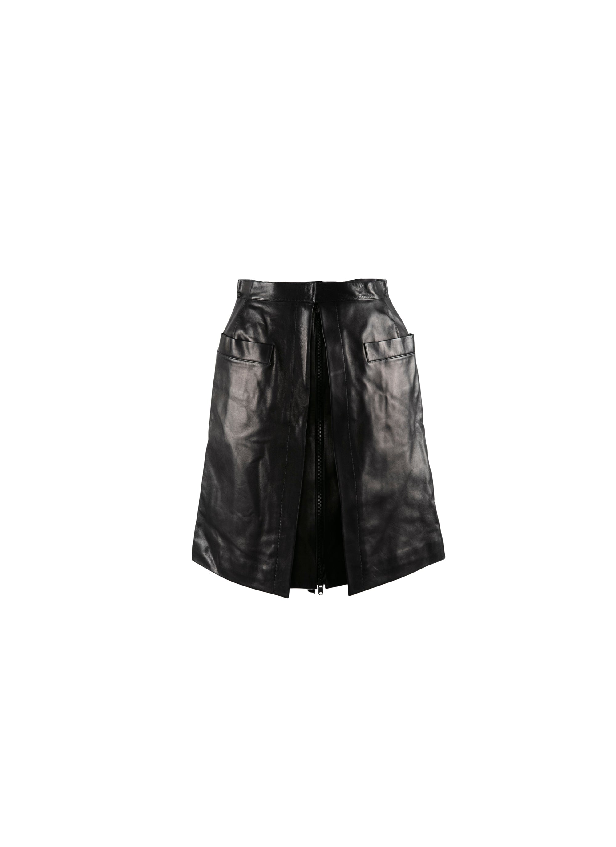 Short leather skirt with patch pockets - Black intense