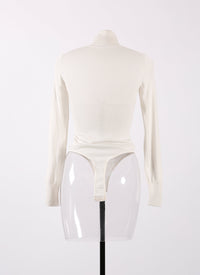 Long-sleeved bodysuit in wool with stand-up collar - Pearly White