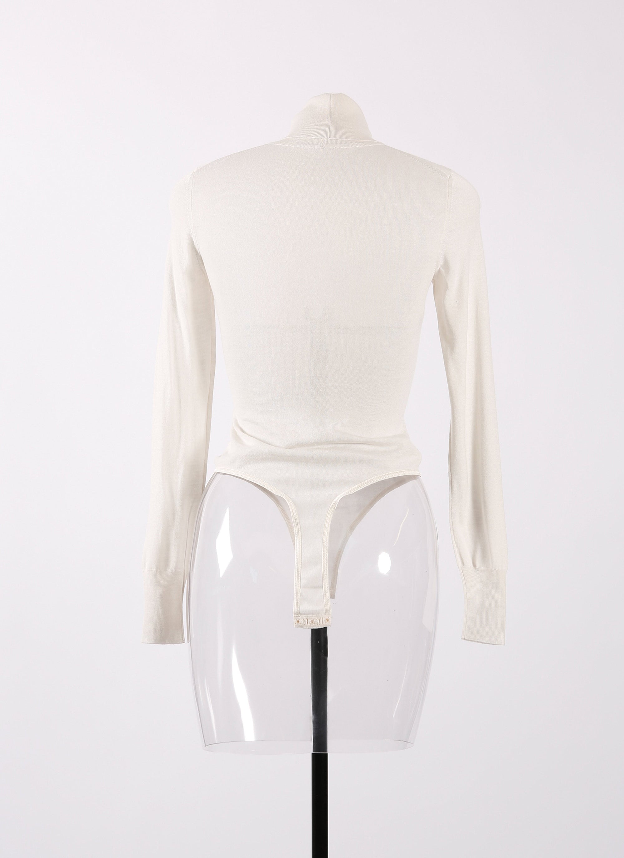 Long-sleeved bodysuit in wool with stand-up collar - Pearly White