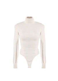 Long-sleeved bodysuit in wool with stand-up collar - Pearly White