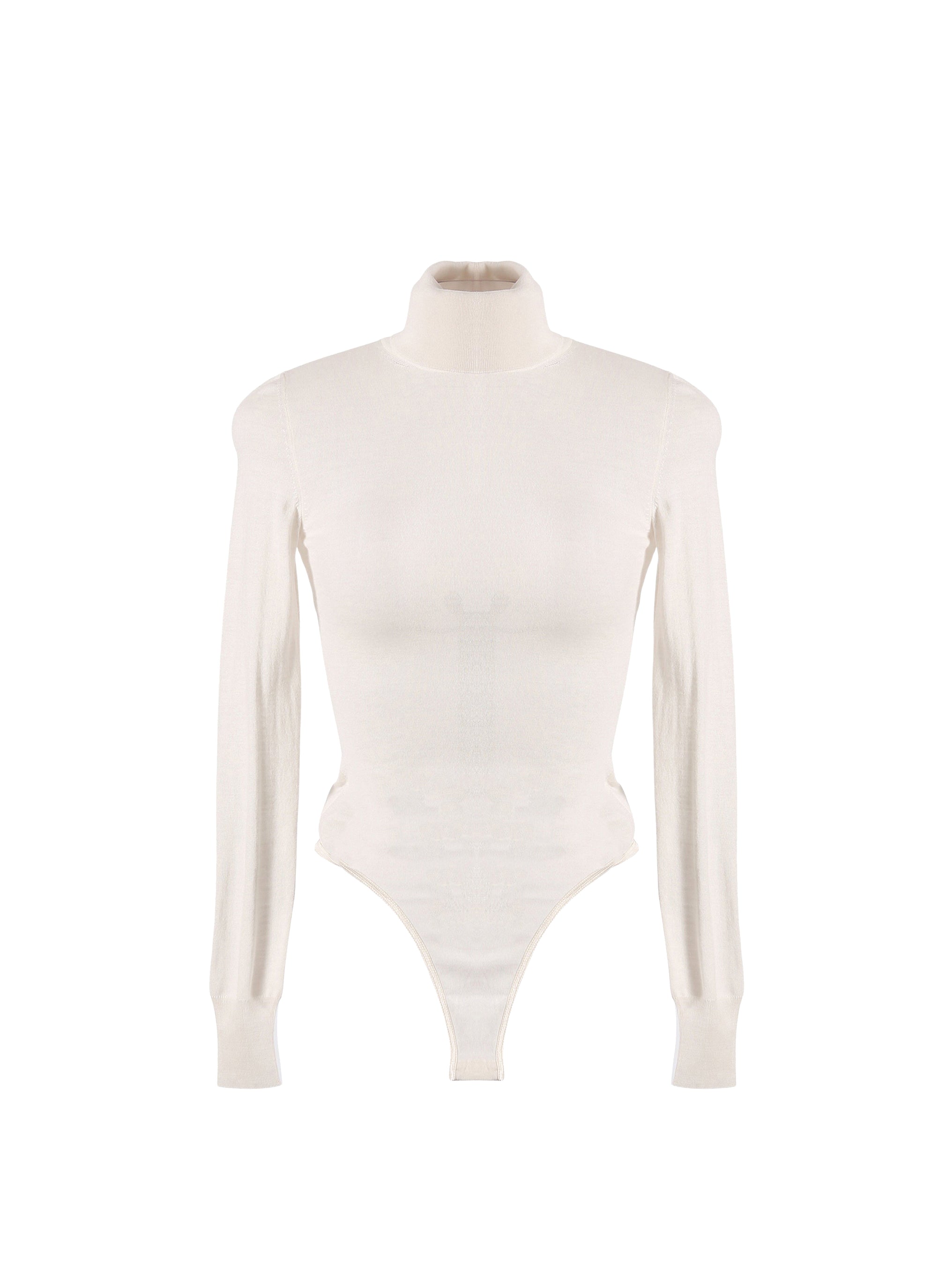 Long-sleeved bodysuit in wool with stand-up collar - Pearly White