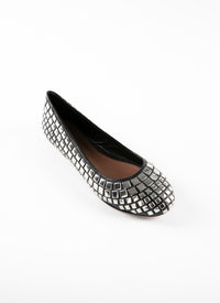 Round-toed ballerina flats with silver-tone square inserts in leather - Black intense