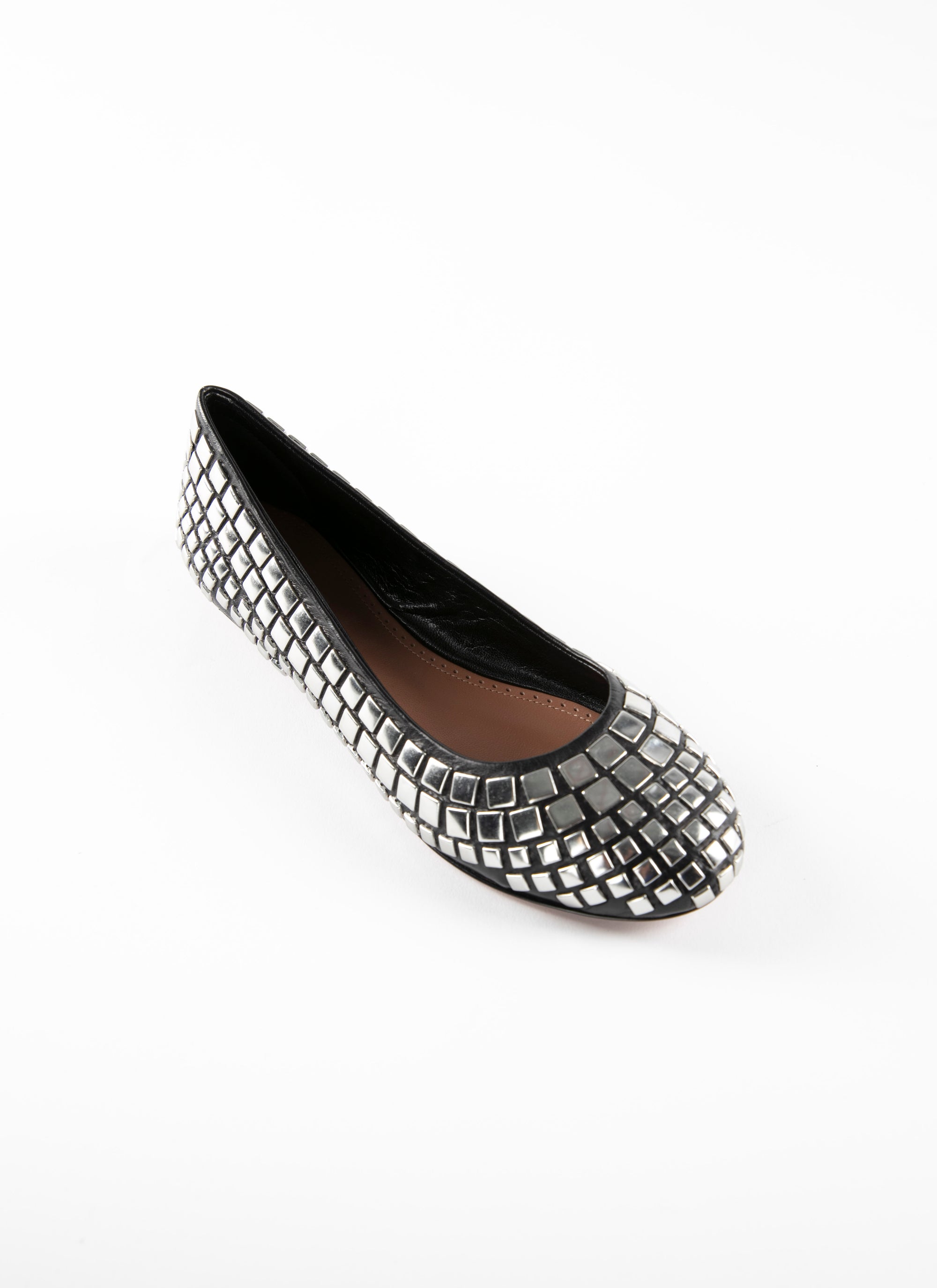 Round-toed ballerina flats with silver-tone square inserts in leather - Black intense