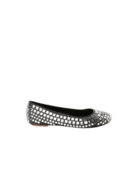 Round-toed ballerina flats with silver-tone square inserts in leather - Black intense