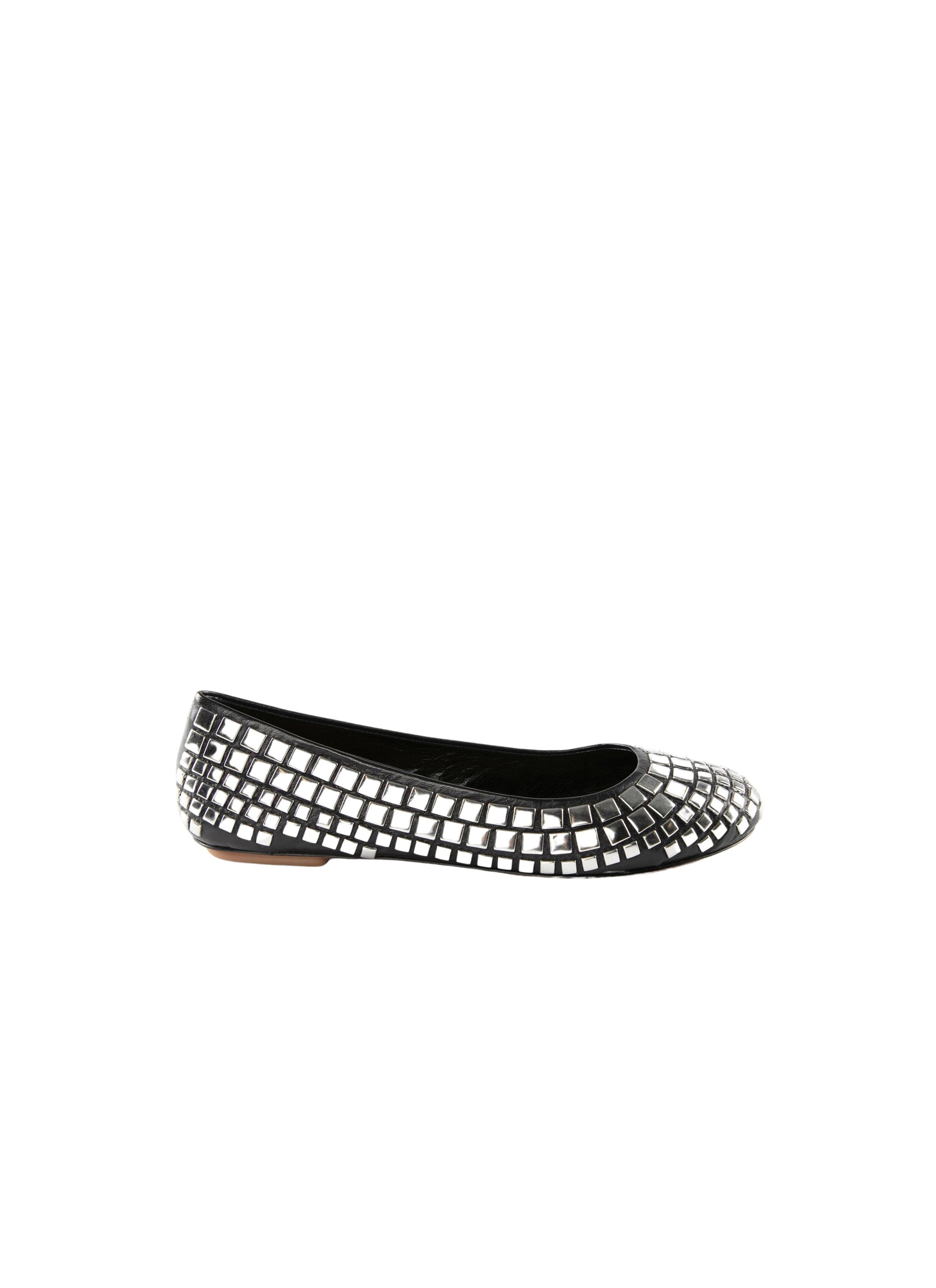 Round-toed ballerina flats with silver-tone square inserts in leather - Black intense