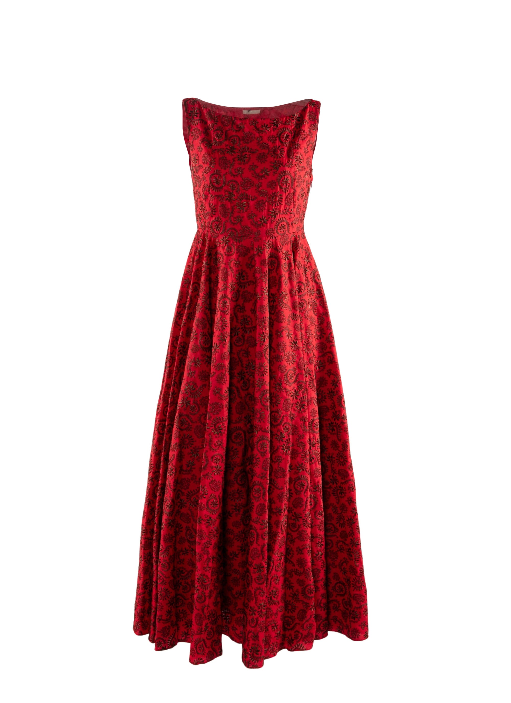 Sleeveless embroidered flowing dress - Red & Brown