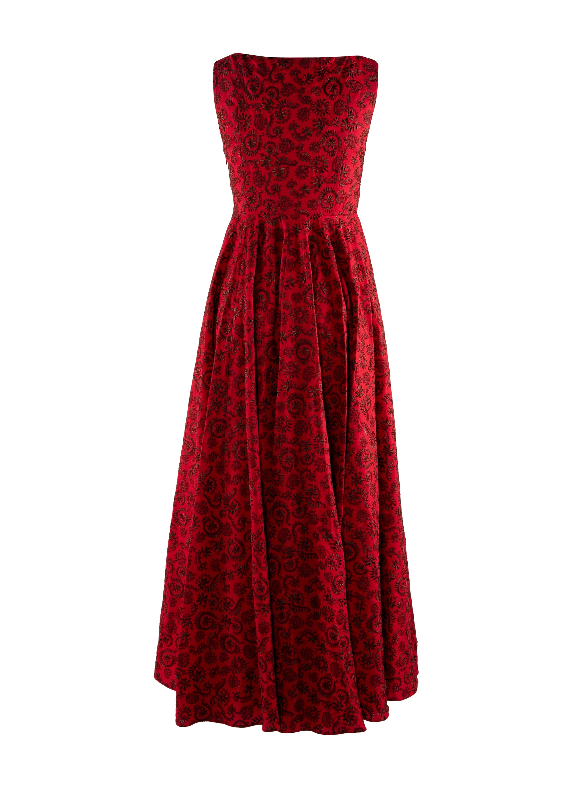 Sleeveless embroidered flowing dress in wool - Red & Brown
