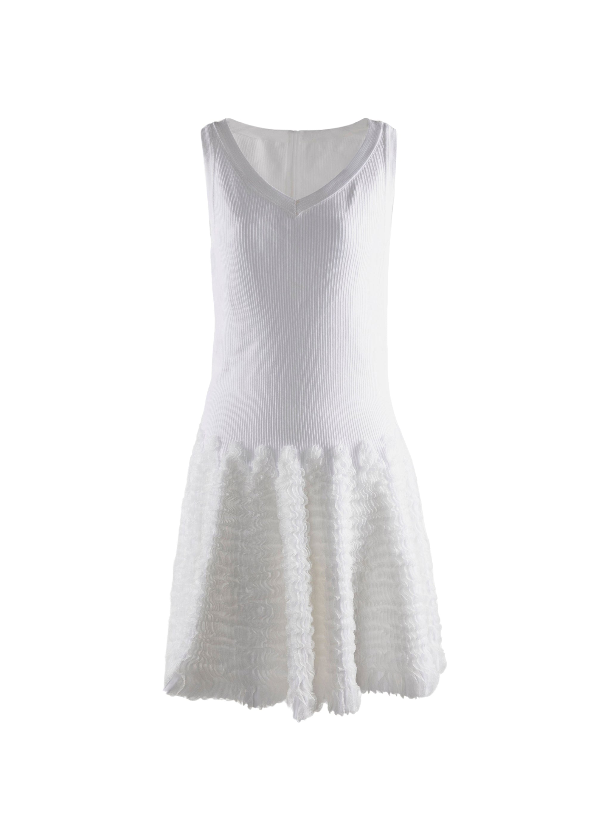 Sleeveless v-neck dress with microflounce bottoms - White