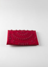 Oum flower clutch bag in leather - Raspberry