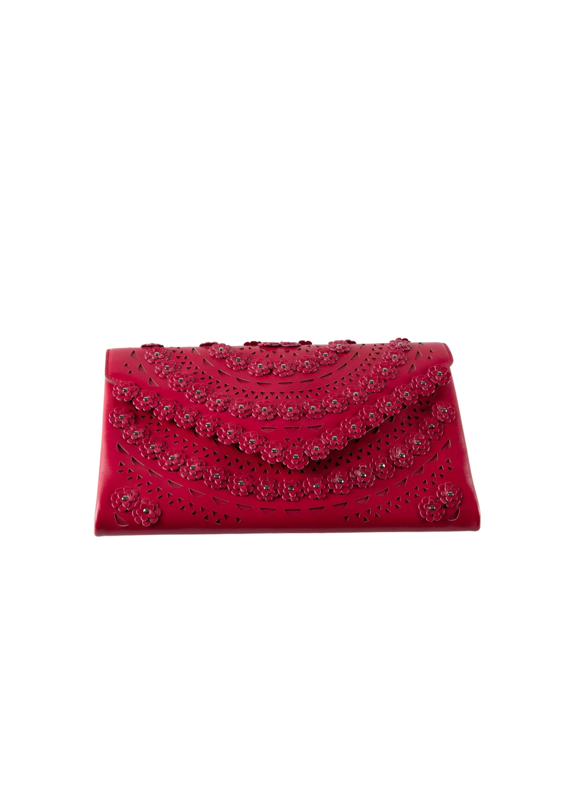 Oum flower clutch bag in leather - Raspberry