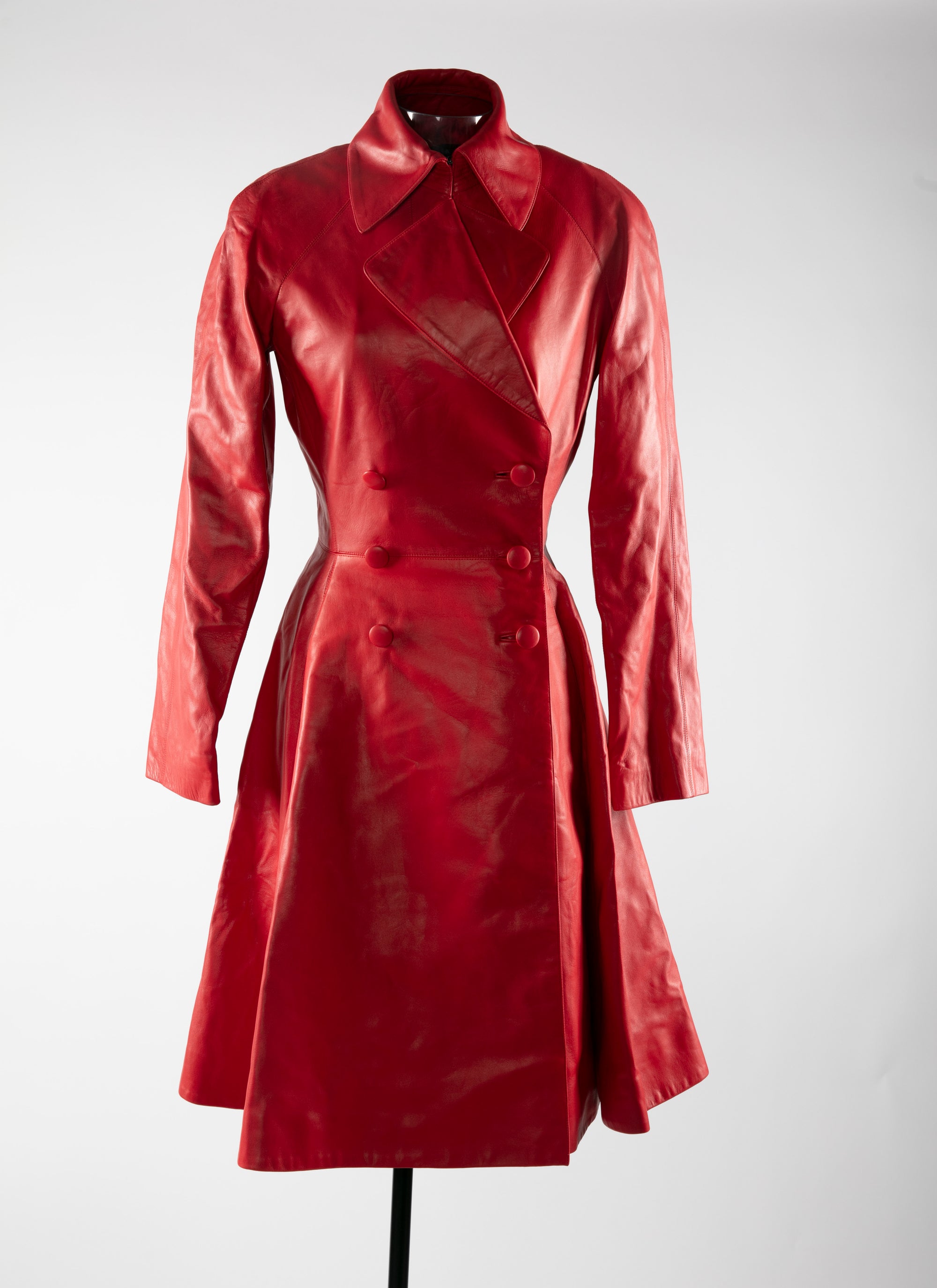 Manteau en cuir boutonné cintré - Rouge