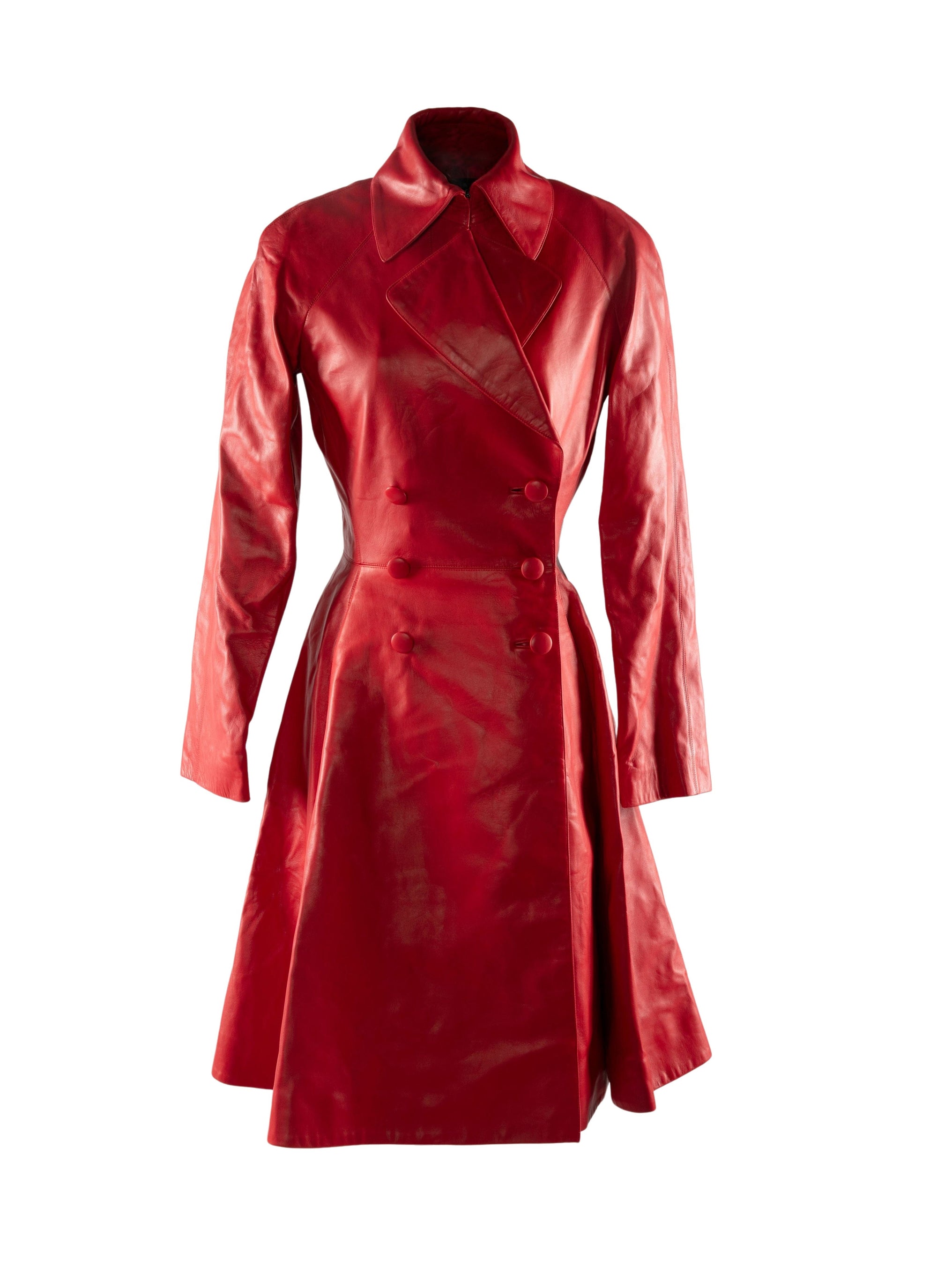 Manteau en cuir boutonné cintré - Rouge