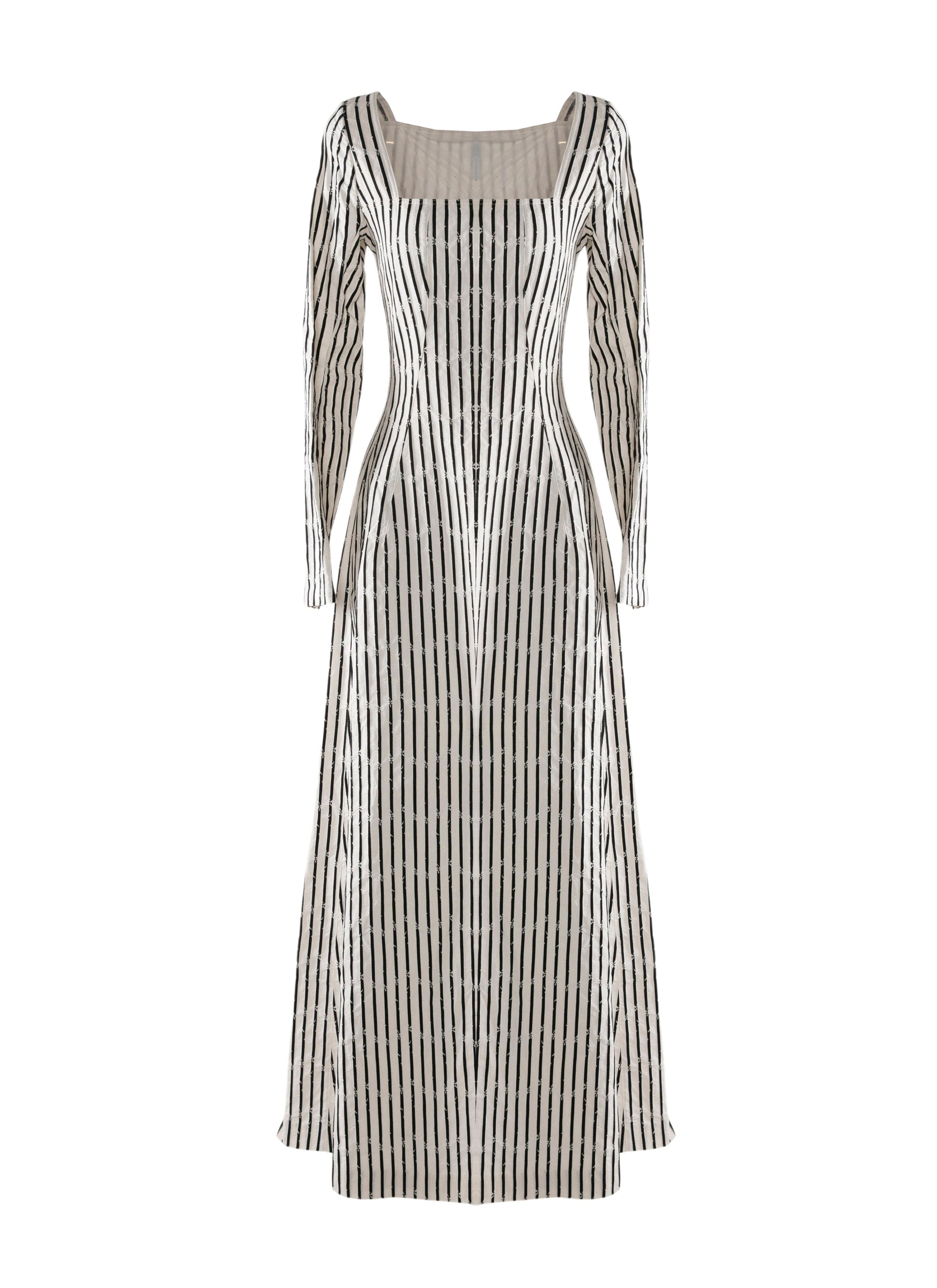 Striped long-sleeved dress with square collar - White & Black