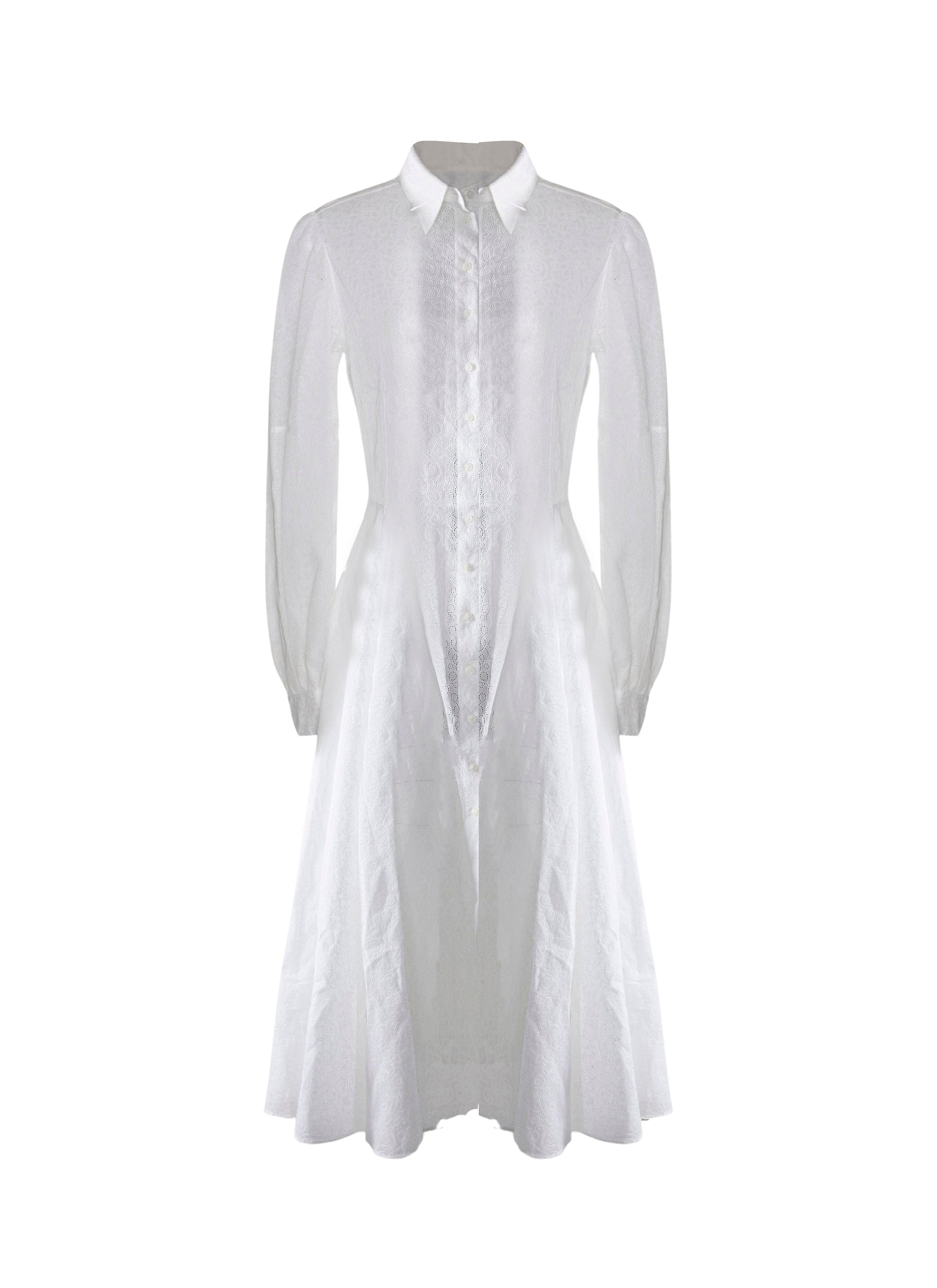 Robe chemise à manches longues perforée - Blanc