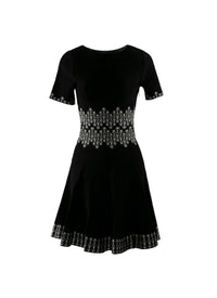Short flared dress with printed belt - Black & Ivory