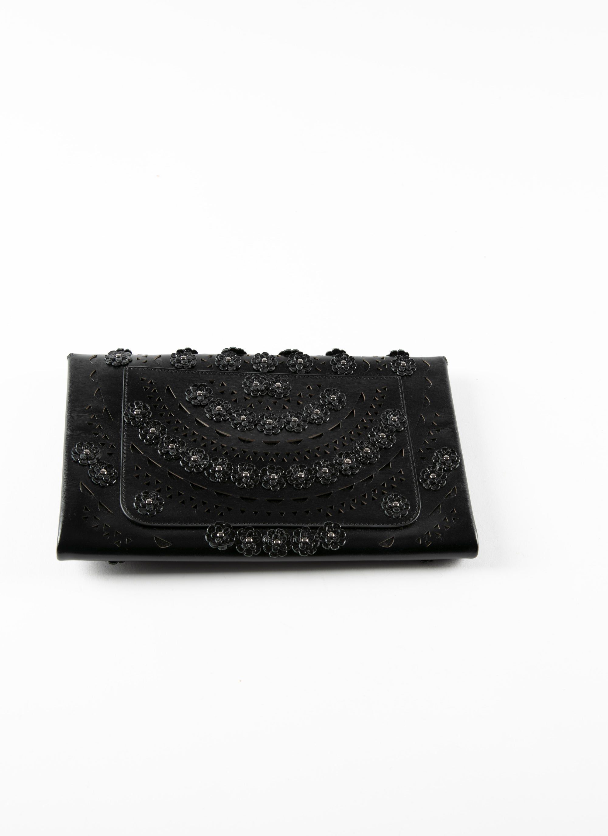 Oum flower clutch bag in leather - Black intense