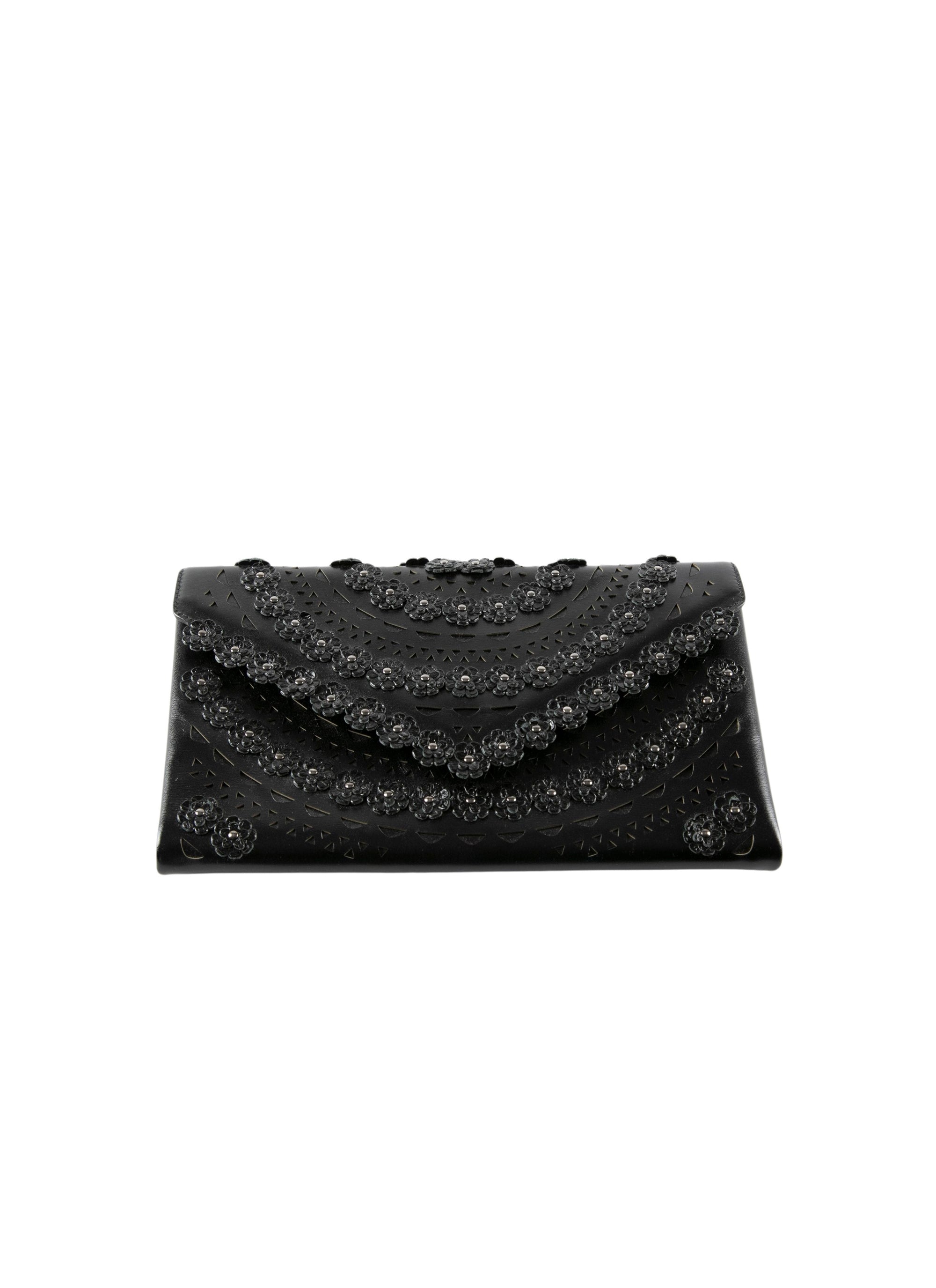 Oum flower clutch bag in leather - Black intense