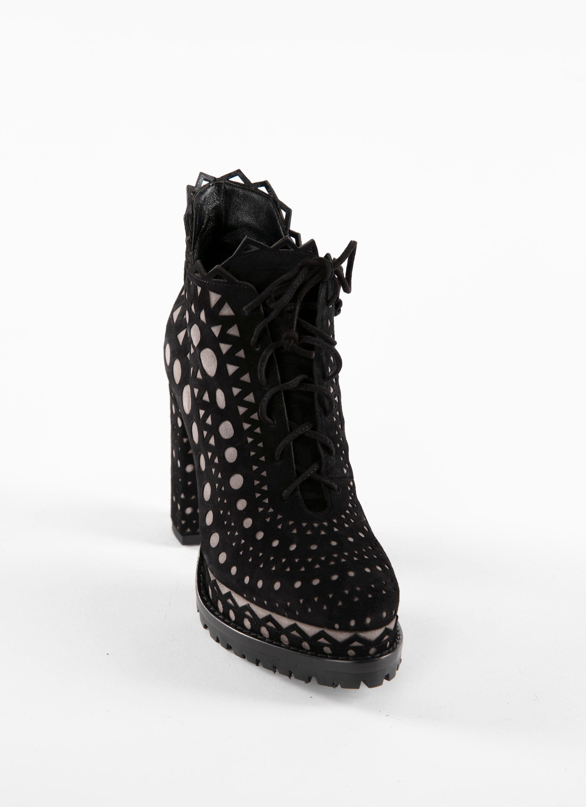 Ankle boots with laces and laser cut-outs in leather - Black & Grey