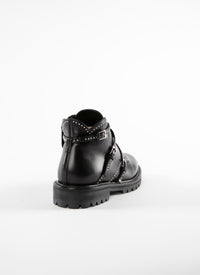 Multi-buckle studded flat boots in leather - Black intense