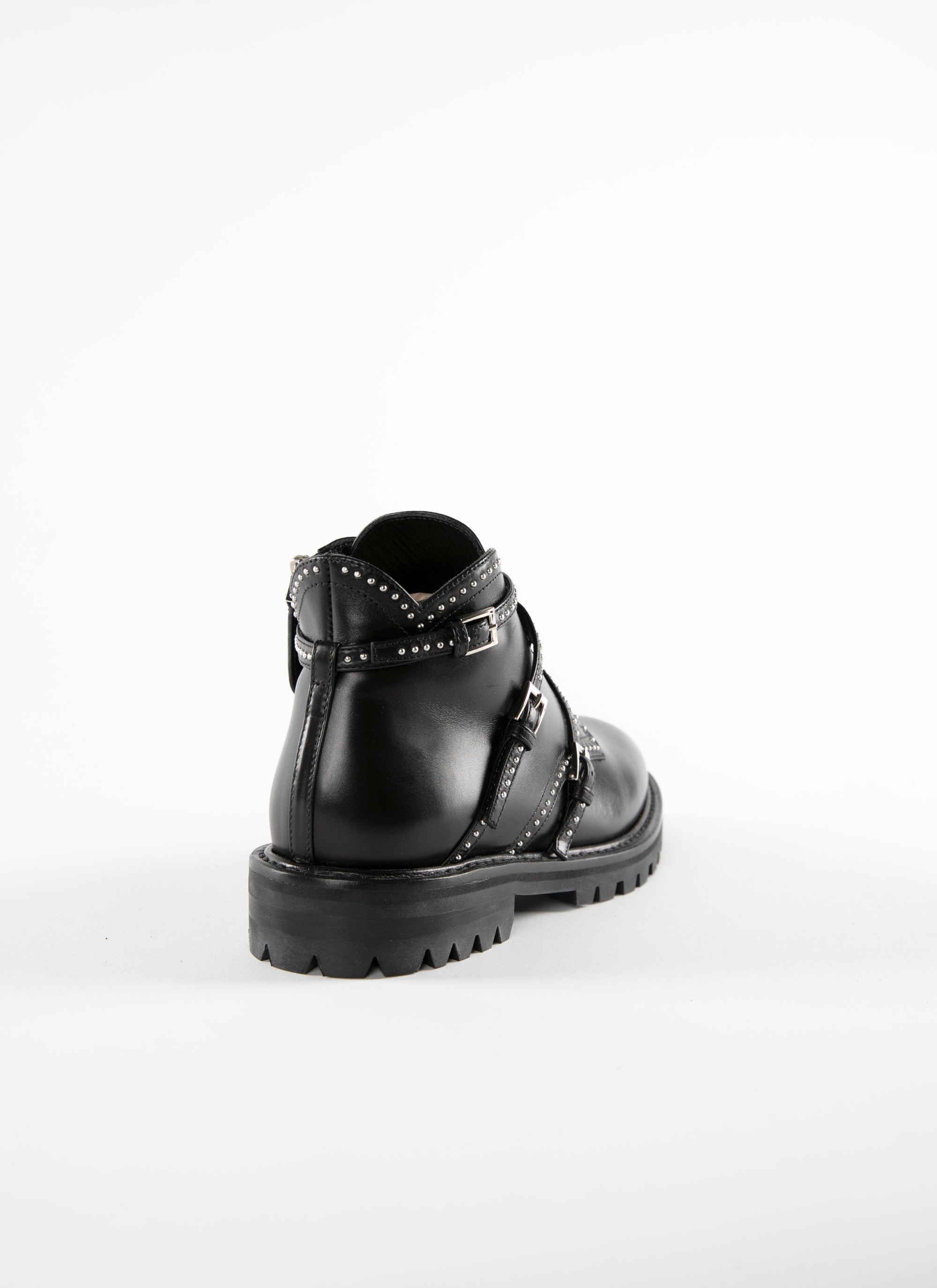 Multi-buckle studded flat boots in leather - Black intense