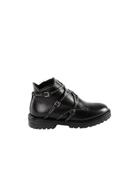 Multi-buckle studded flat boots in leather - Black intense