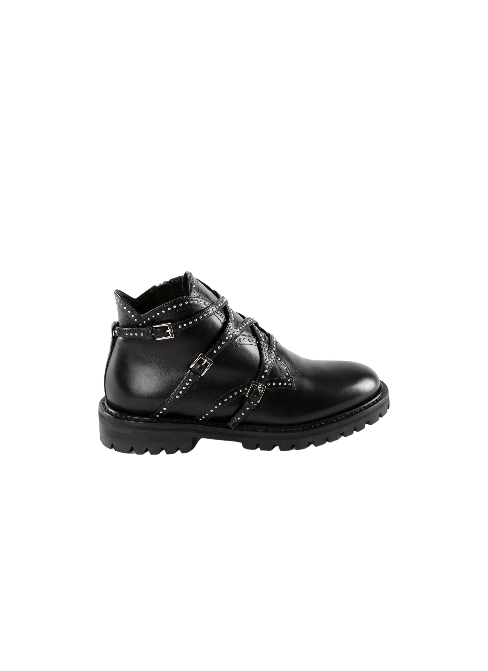 Multi-buckle studded flat boots in leather - Black intense