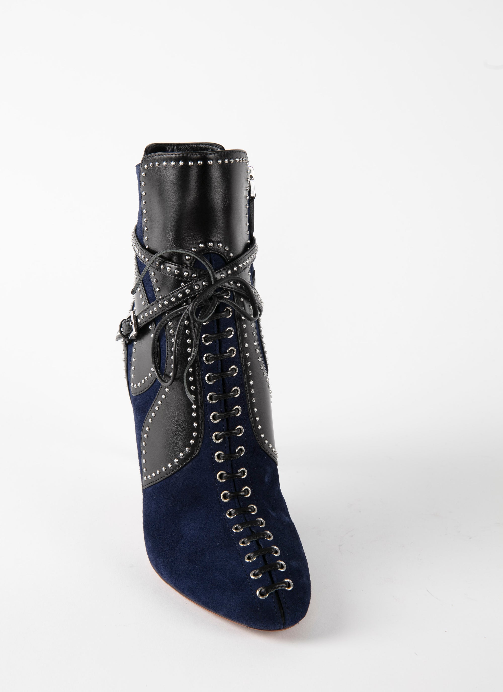 Lace-up ankle boots with studded edging motif in leather - Blue & Black