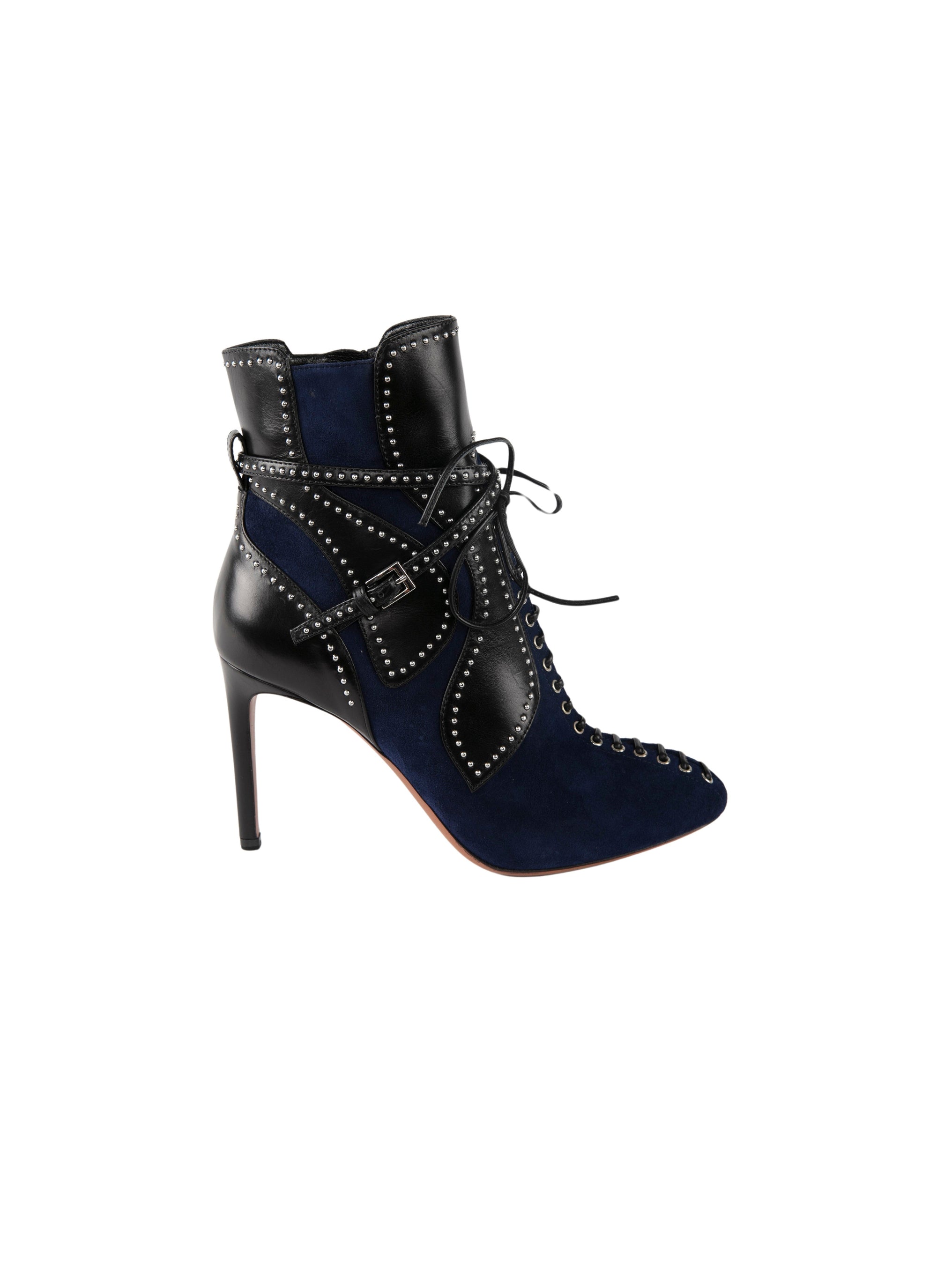 Lace-up ankle boots with studded edging motif in leather - Blue & Black
