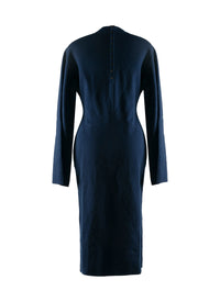 Slim-fit long-sleeved dress with stand-up collar in wool - Navy