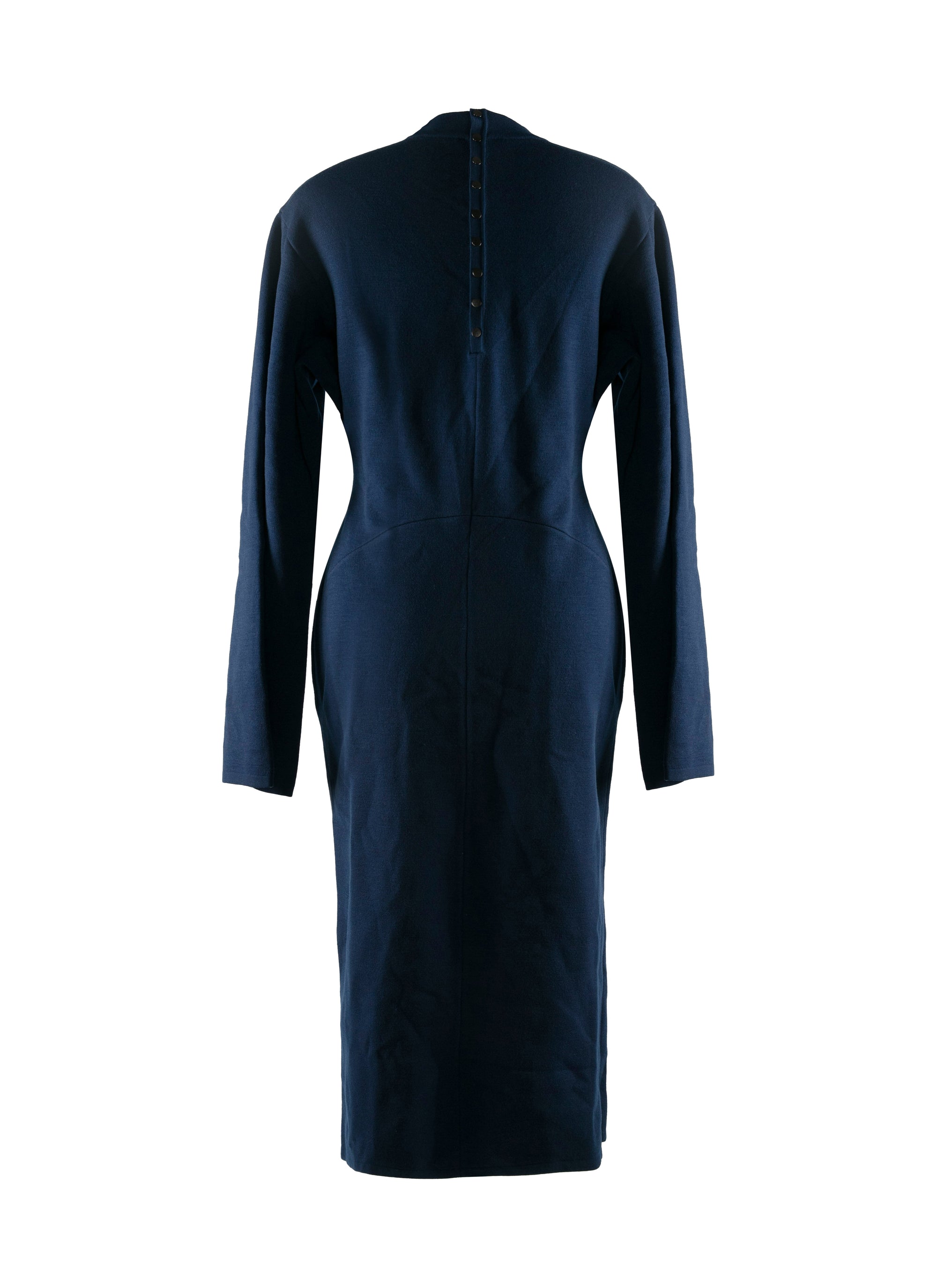 Slim-fit long-sleeved dress with stand-up collar in wool - Navy