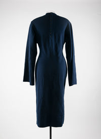 Fitted long-sleeved dress with stand-up collar - Navy
