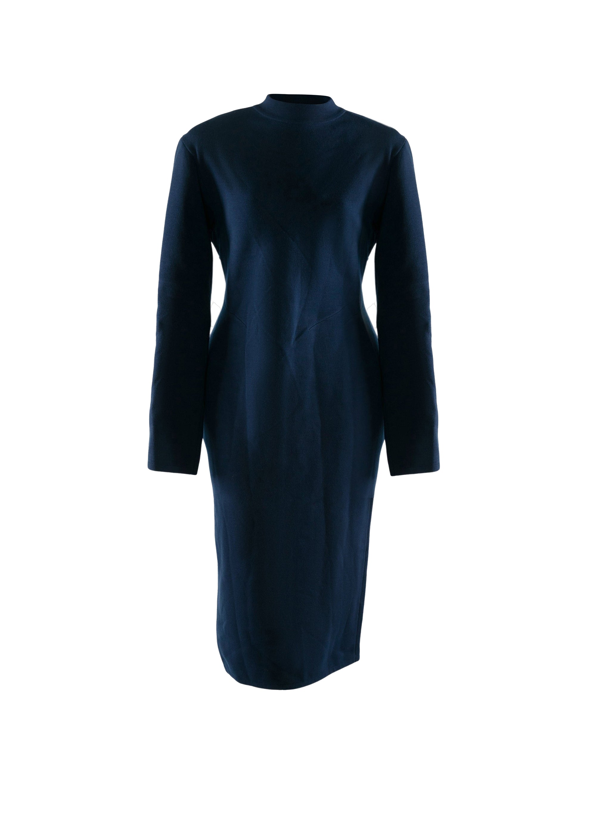 Fitted long-sleeved dress with stand-up collar - Navy