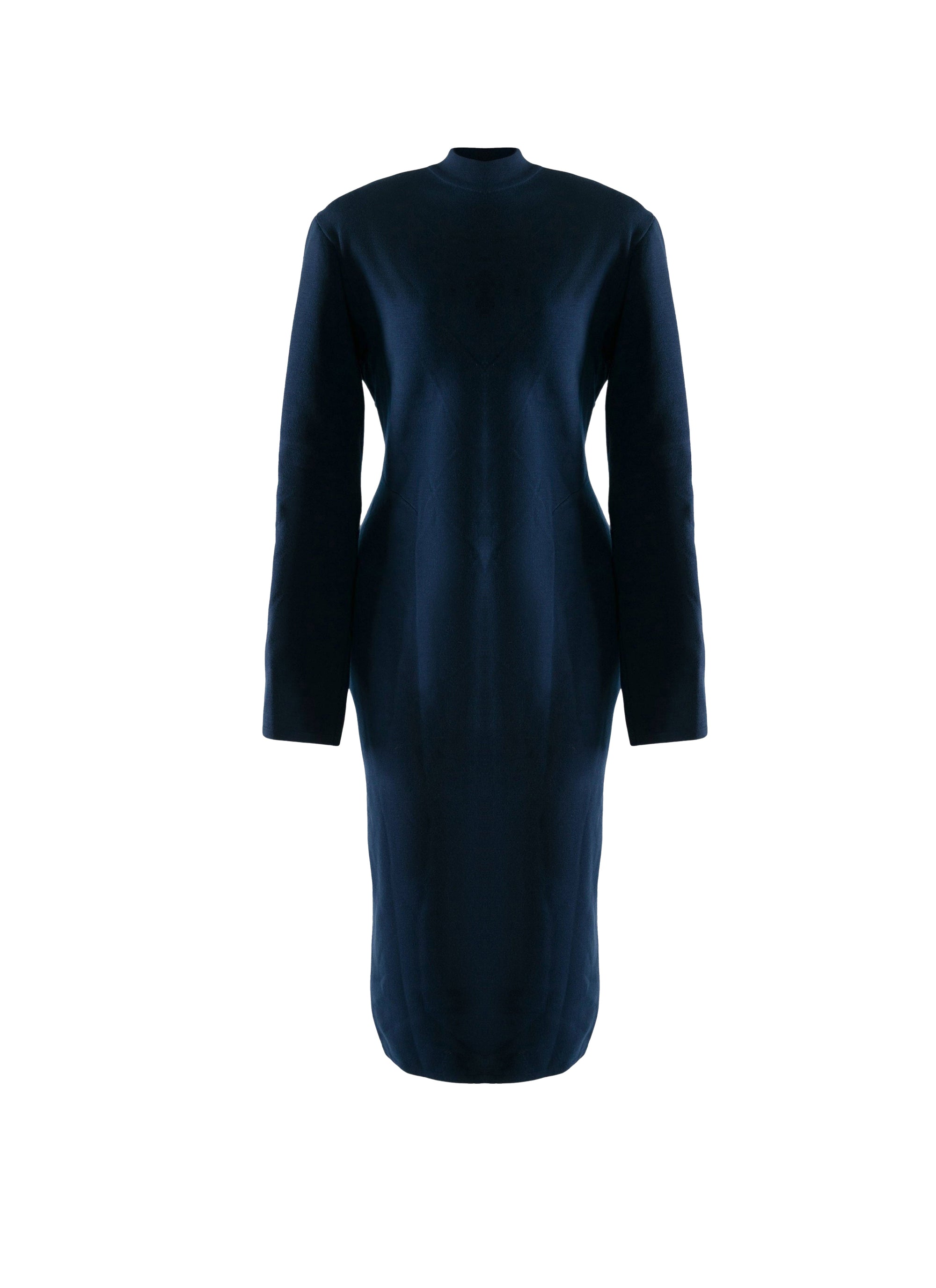 Slim-fit long-sleeved dress with stand-up collar in wool - Navy