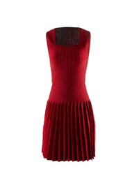 Robe sans manches col carré plissée en laine - Rouge & Noir