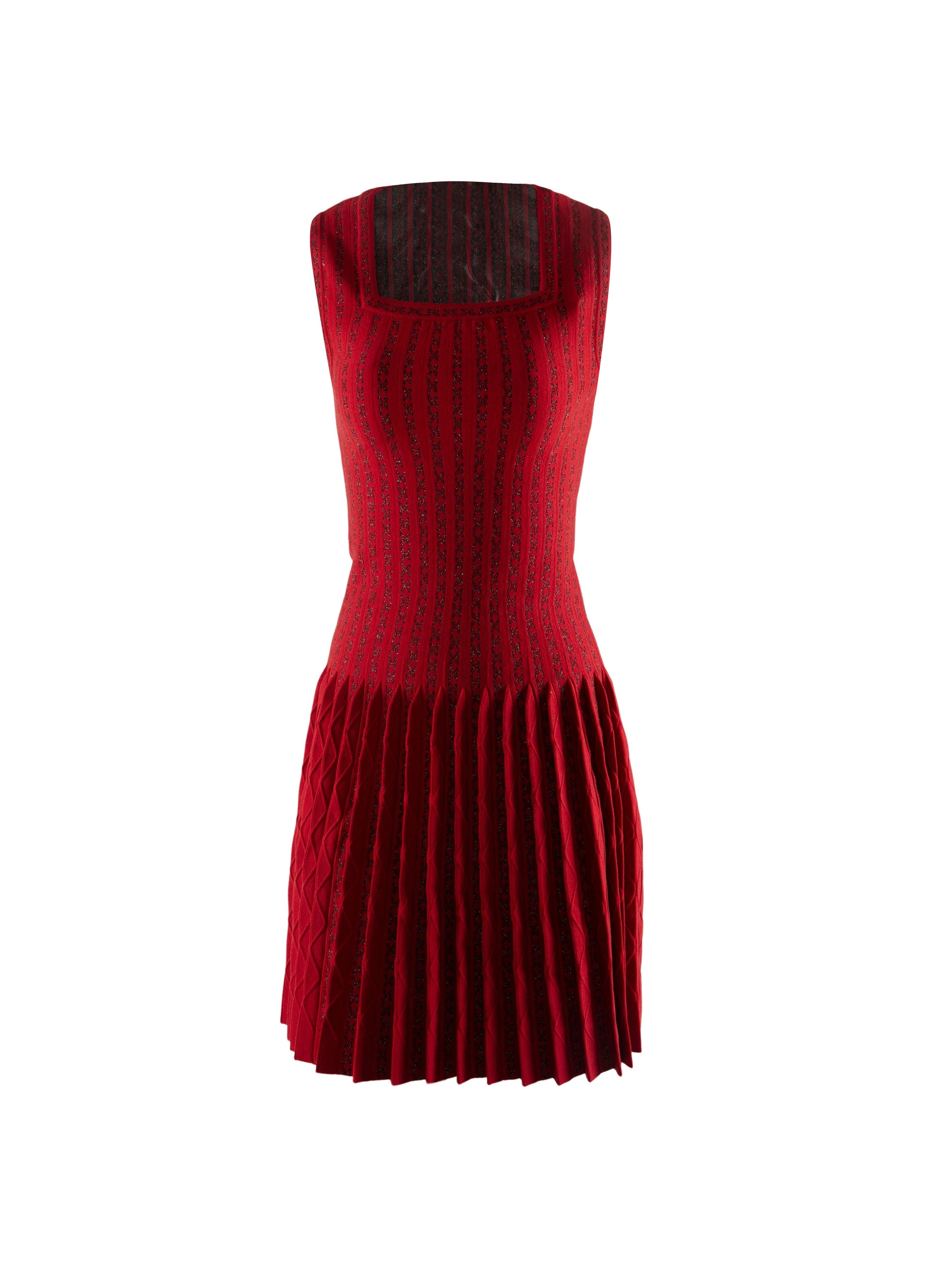 Robe sans manches col carré plissée en laine - Rouge & Noir