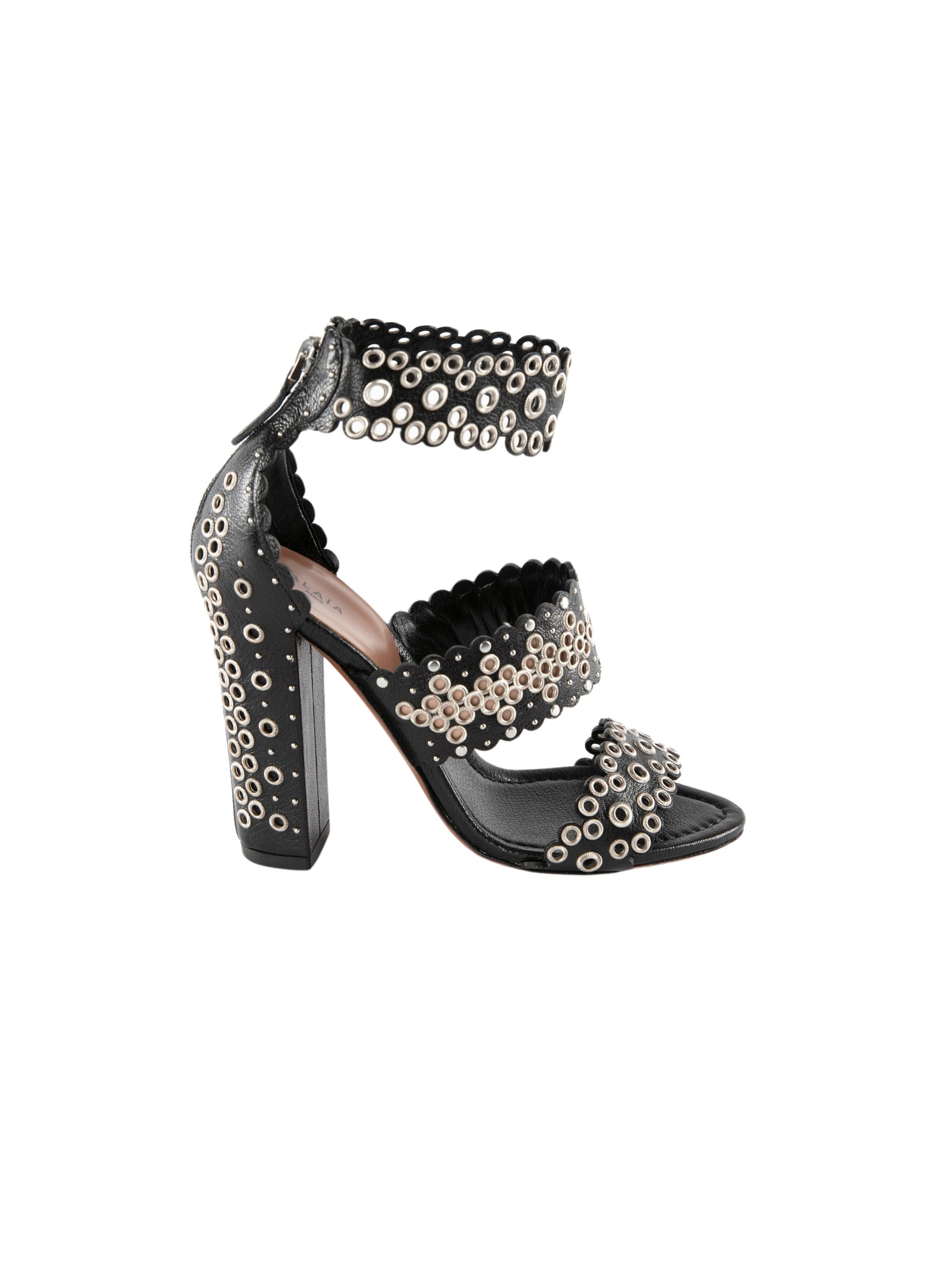 All-over eyelet heeled sandals in leather - Black intense