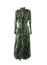 Robe à manches longues à rayures et à volants - Blanc & Vert