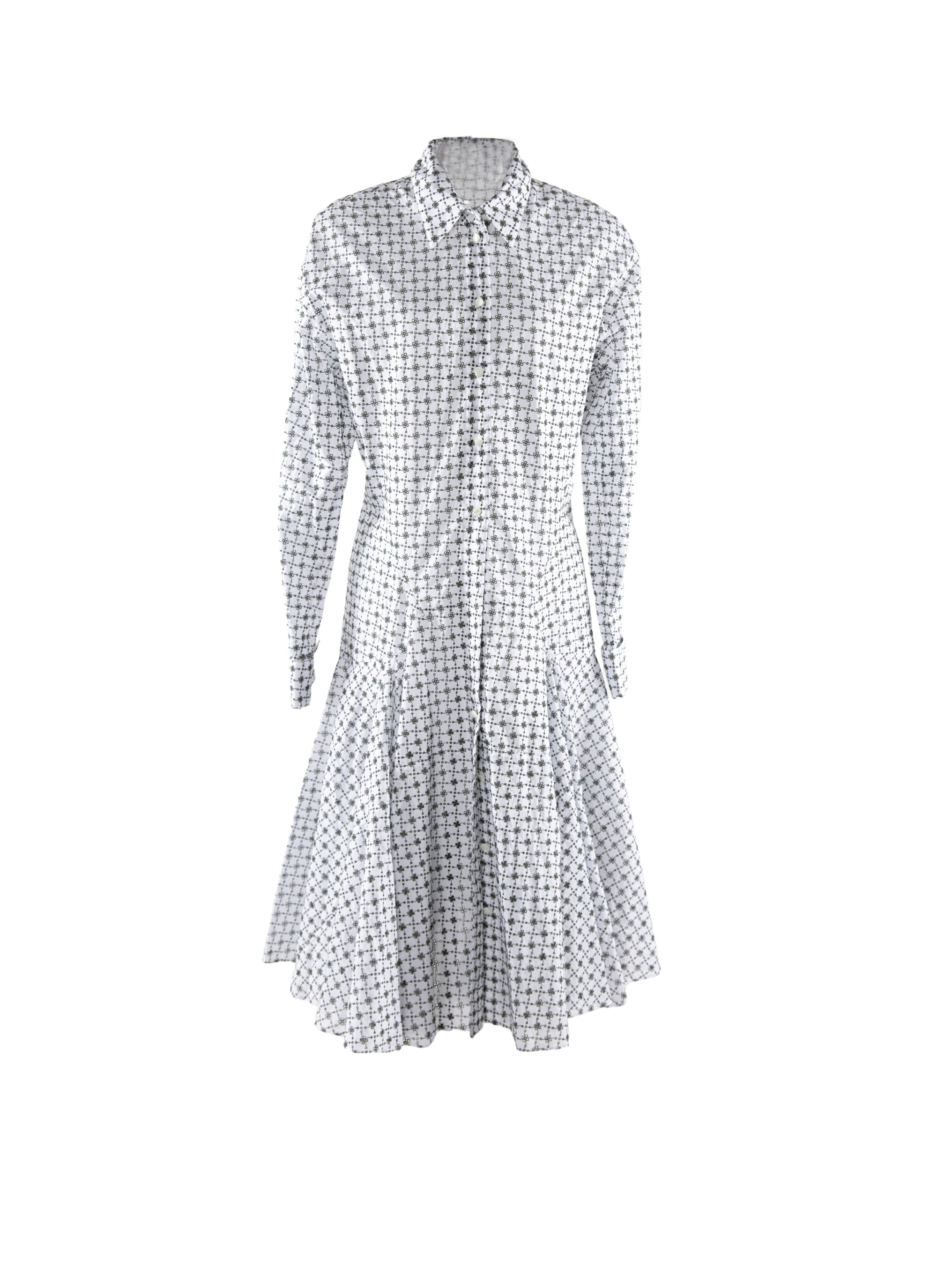 Long-sleeved shirt collar dress - White & Green