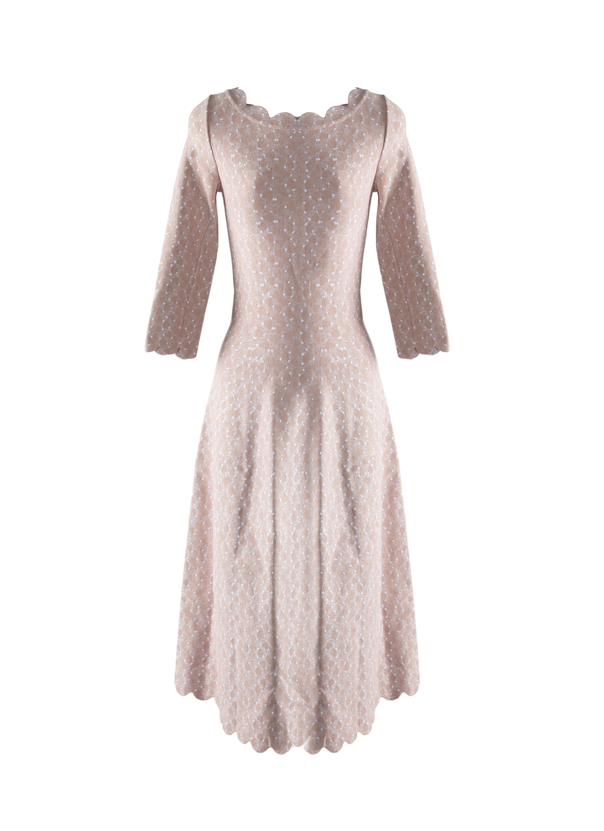 Printed 3/4-sleeve dress with scalloped hem - Flesh Pink