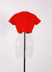 Knitted Brocade short sleeve cardigan - Scarlet