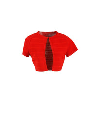 Knitted Brocade short sleeve cardigan - Scarlet