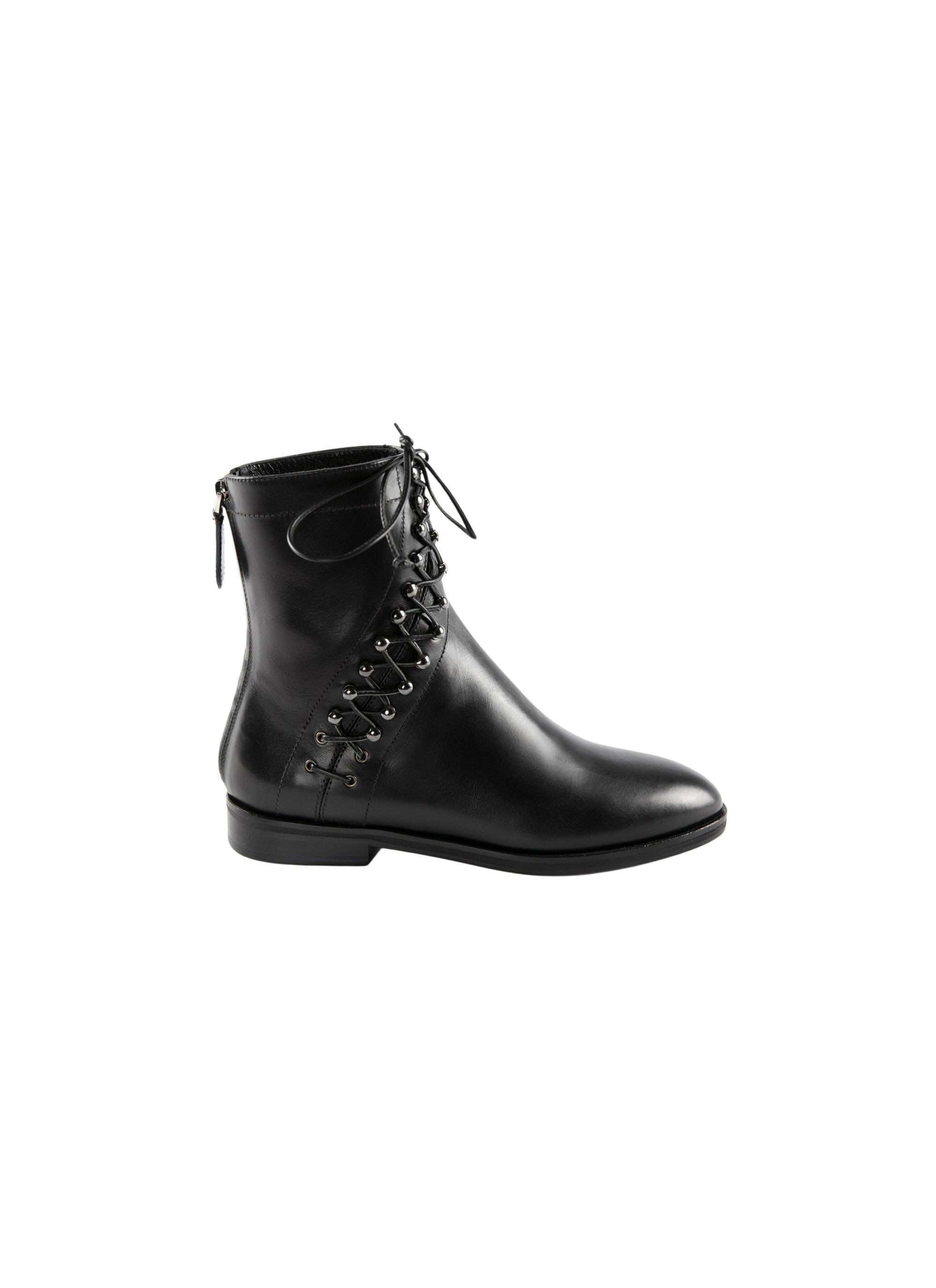 Flat lace-up ankle boots in leather - Black intense