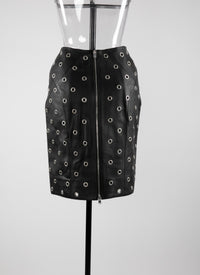 Leather eyelet zipped skirt - Black intense