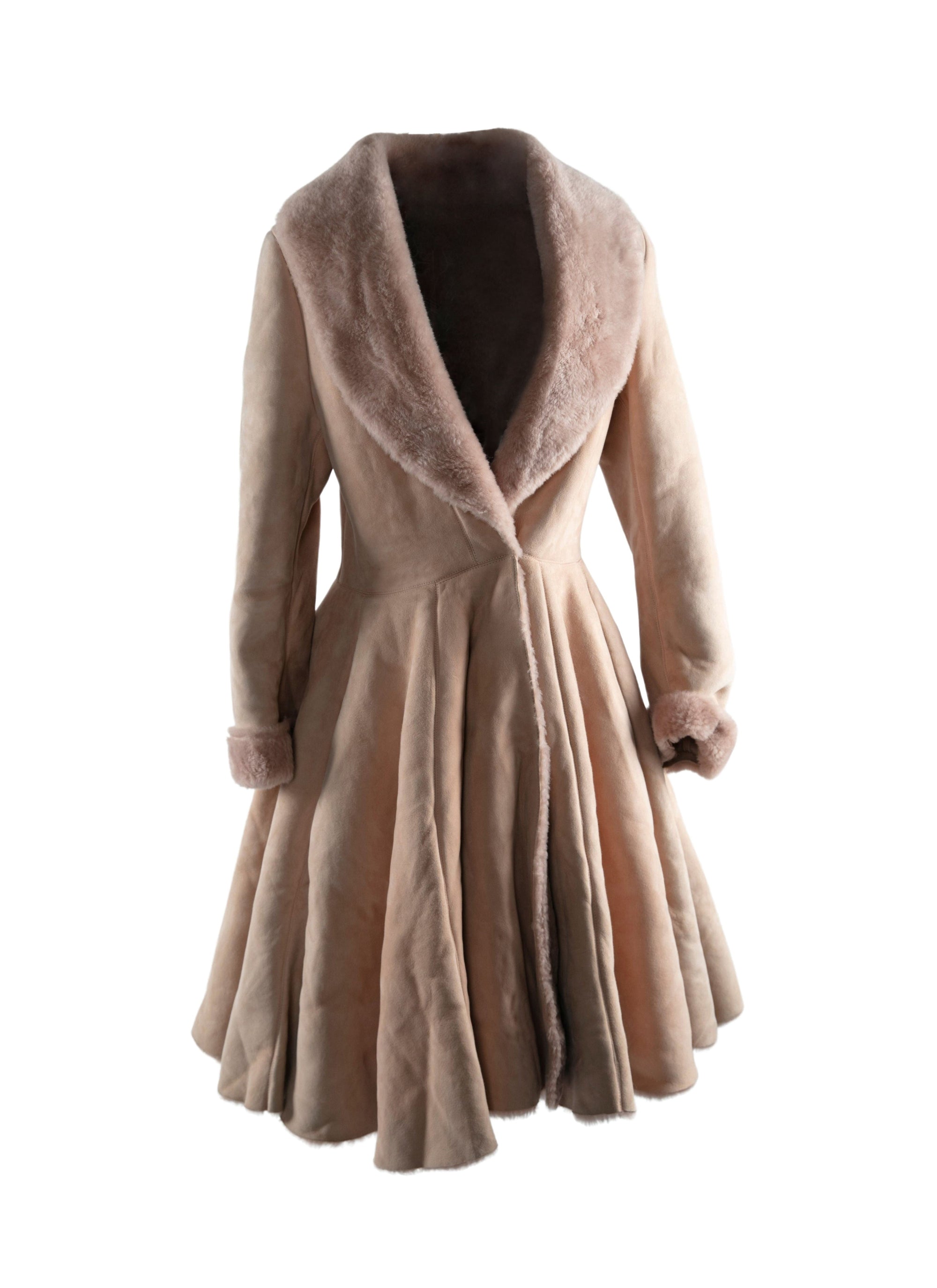 Flared leather coat with fur collar - Flesh Pink
