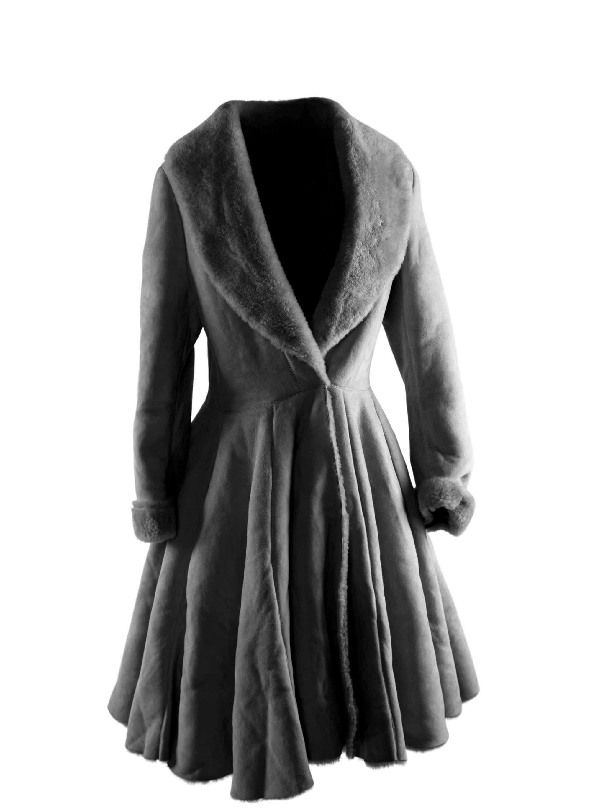 Flared leather coat with fur collar - Black intense
