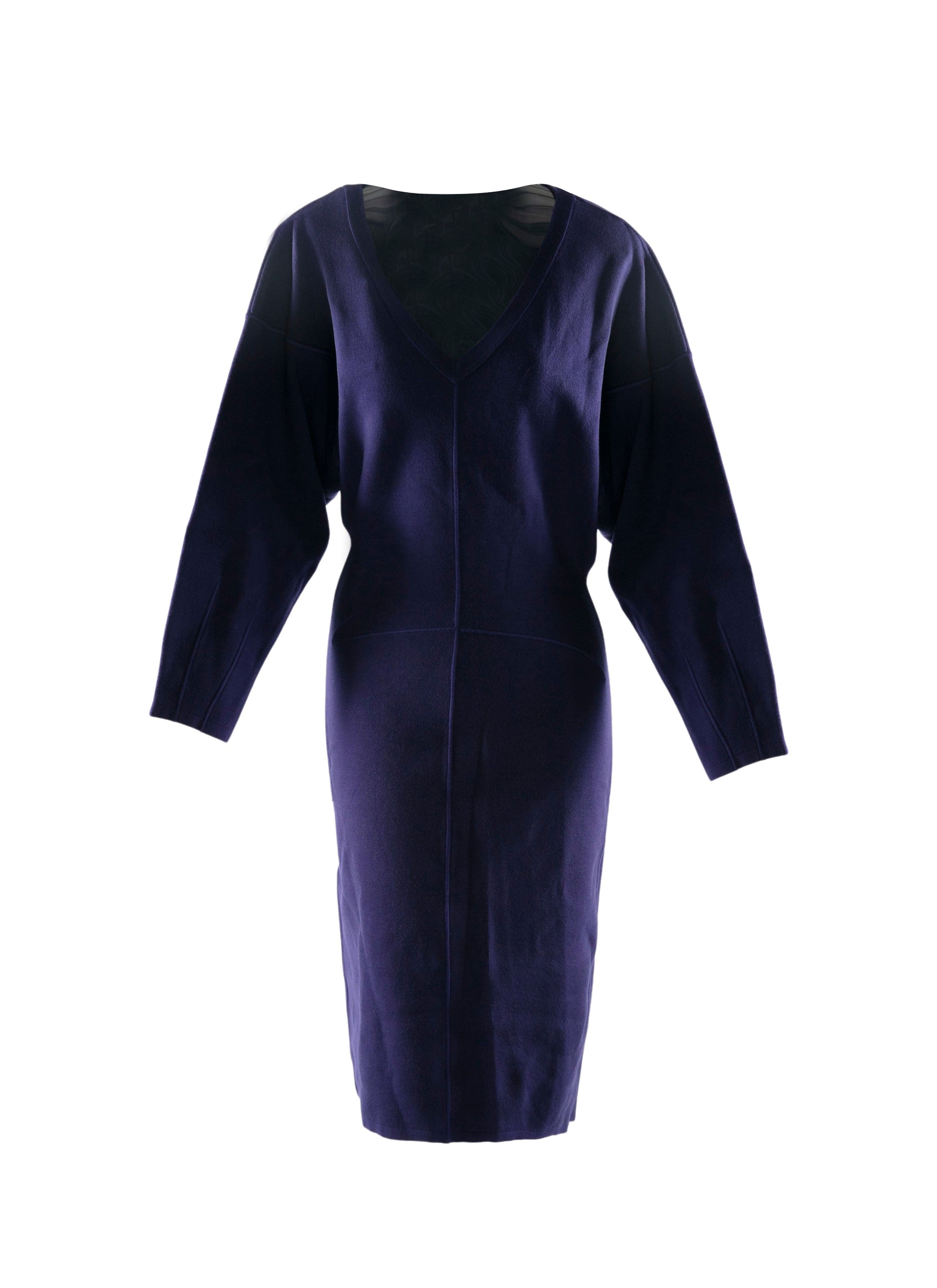 Long-sleeved wool v-neck dress - Dark Blue