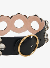 Studded belt with round buckle in leather - Black